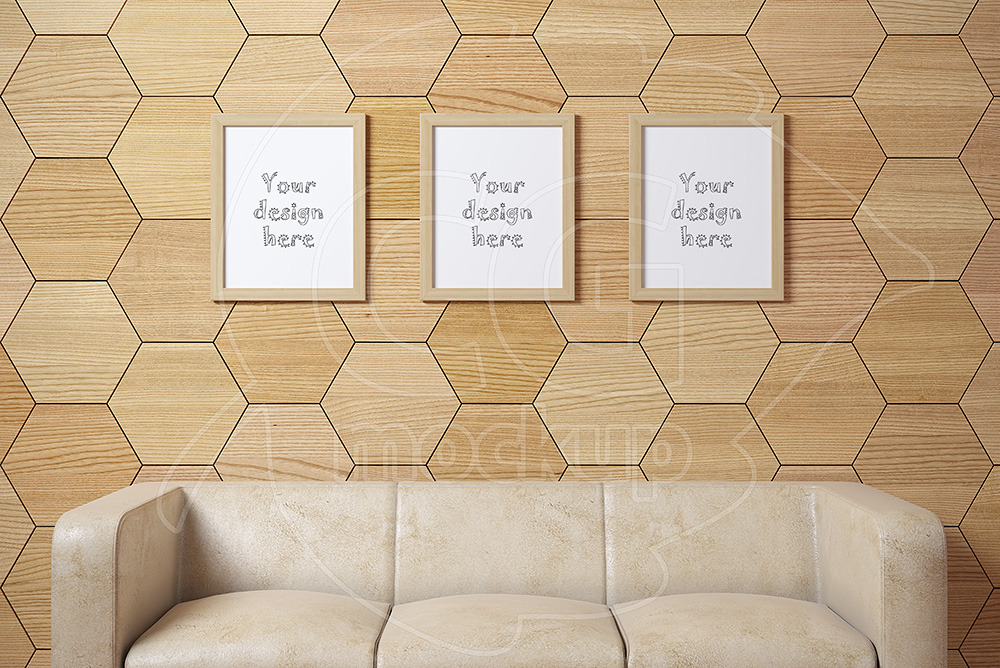 Set of 3 wood frames sofa mockup, a Print Template by CGmockup