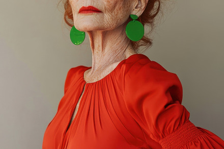 Elegant woman poses in vibrant dress