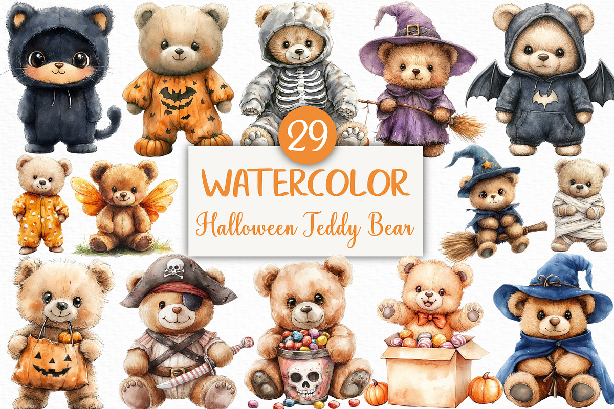 Halloween Teddy Bear Clipart Bundle, an Illustration by Craft Nest (Photo 1 of 6)