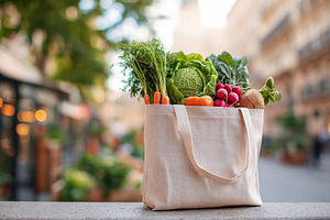 Fresh vegetables in a reusable bag on a city street during daylight, a Photo by AlyaAnd