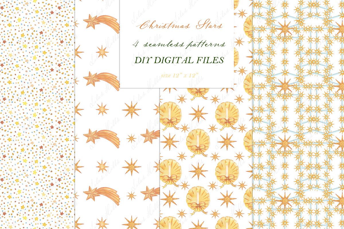 Christmas Golden Stars Watercolor, a Decorative Illustration by LABFcreations (Photo 4 of 6)