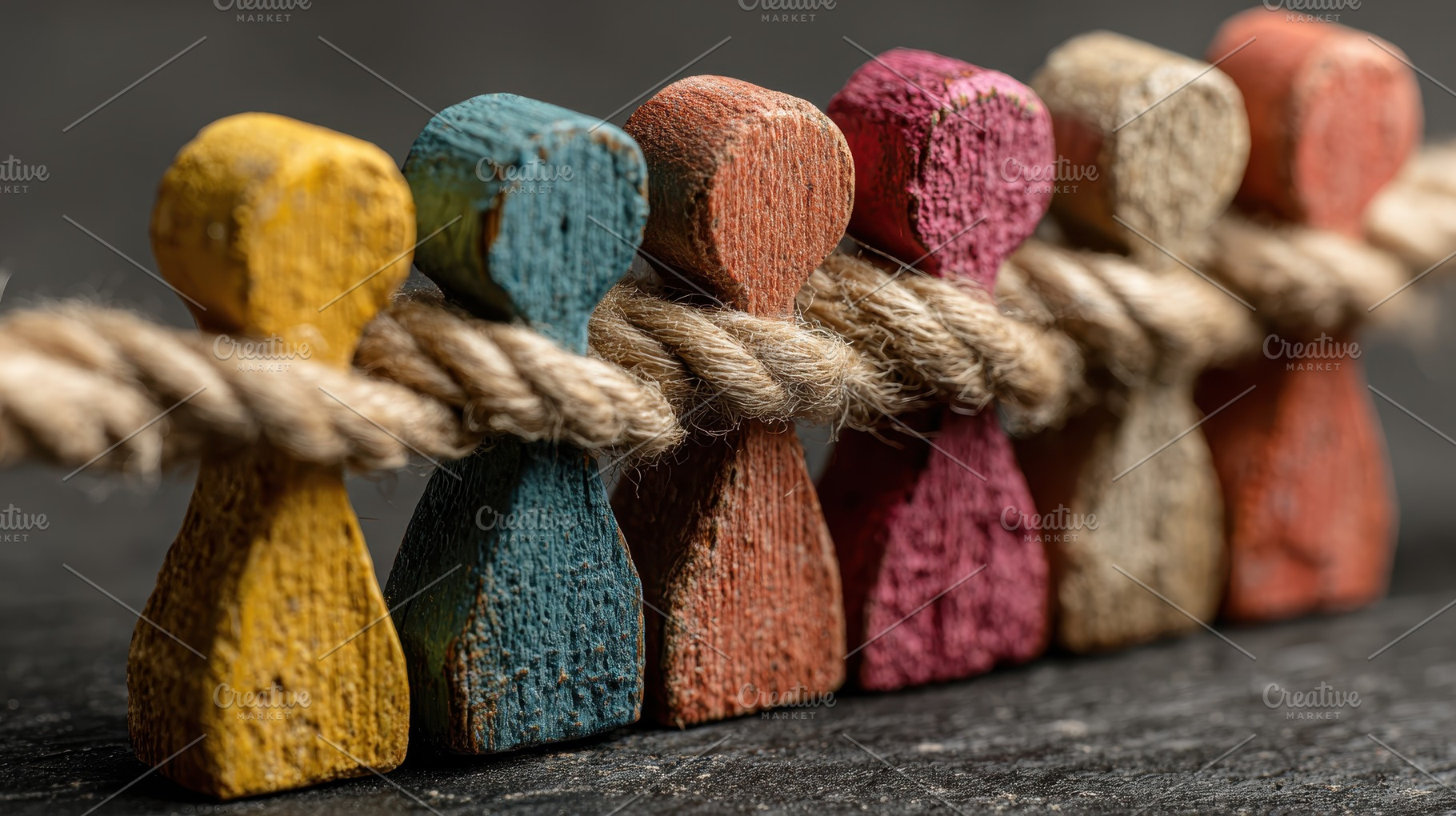 Colorful Wooden Figures Bound Togeth, a Photo by Pixeness Studio