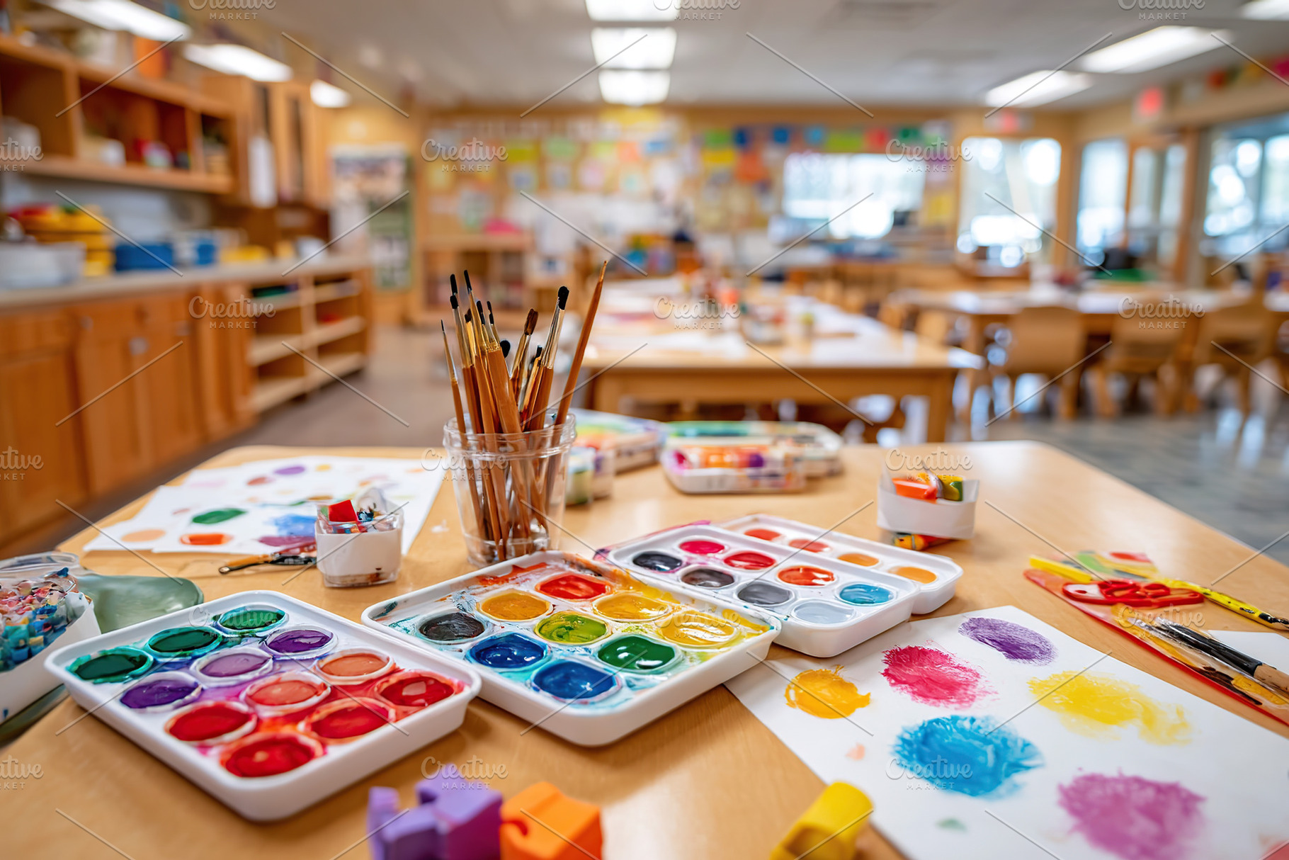 Colorful art supplies fill a creative classroom during an engaging art session, a Photo by AlyaAnd