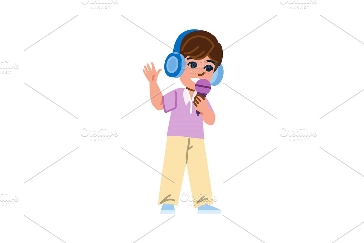 Young boy singing with headphones, an Illustration by pikepicture