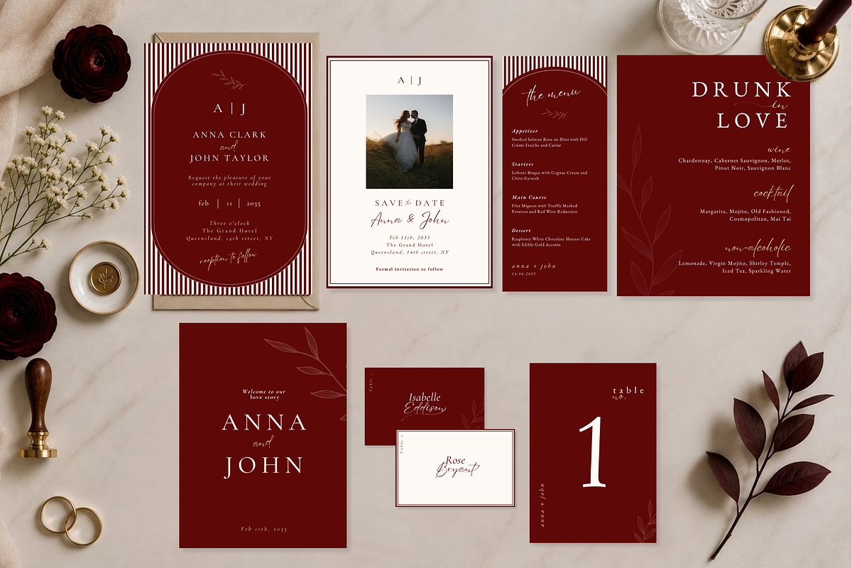 Luxury Burgundy Wedding Canva Bundle, a Stationery Template by Matisse Studio (Photo 1 of 9)