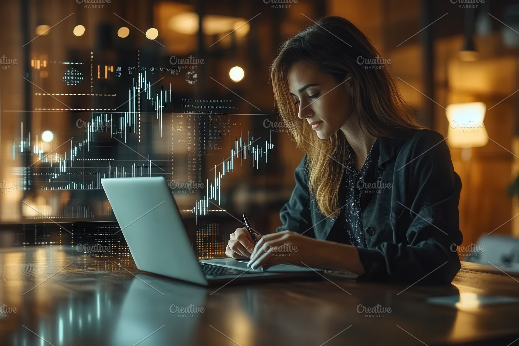 Young woman analyzes market trends a, a Photo by Tanuart