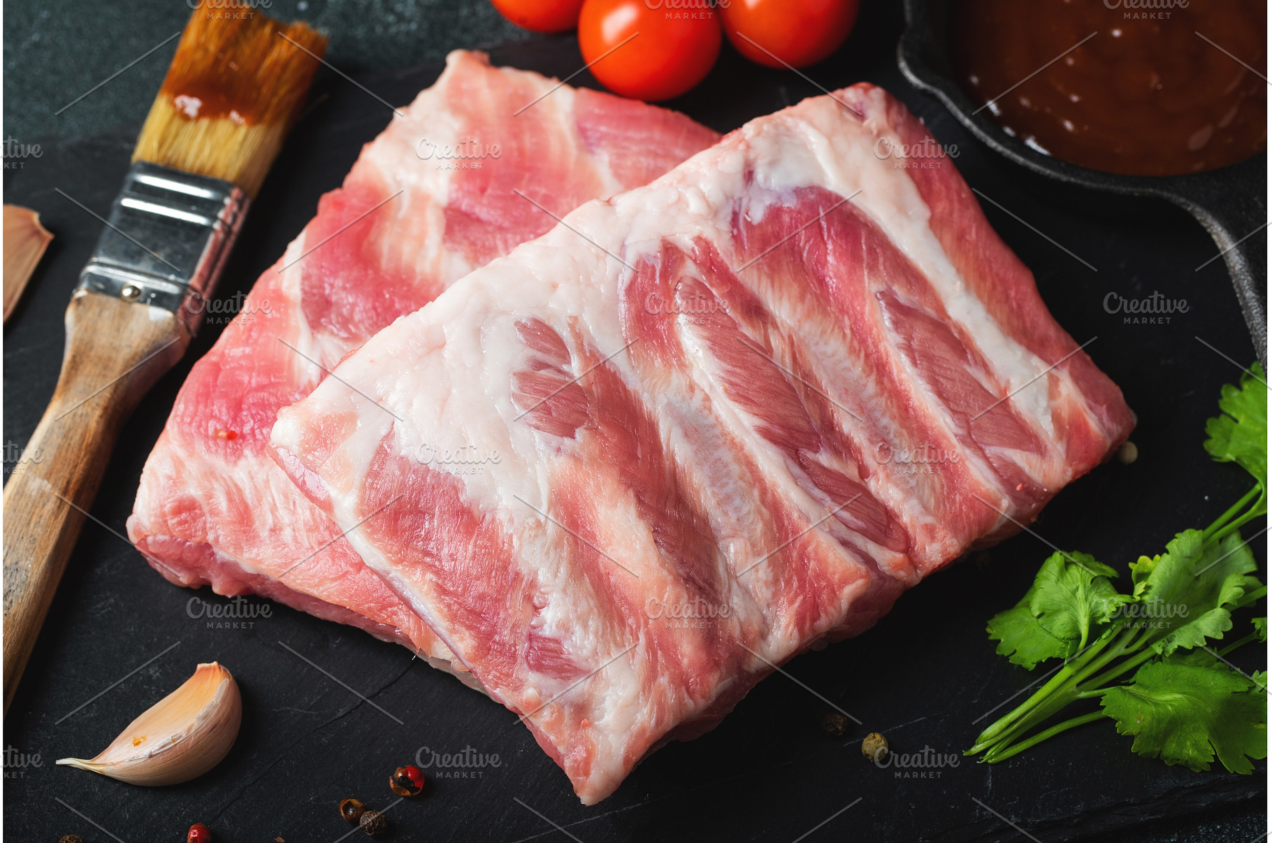 Raw meat. Raw pork ribs from the, a Food & Drink Photo by Budarinphoto