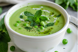 Fresh creamy pea soup garnished with, a Food & Drink Photo by Lermont51