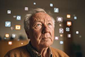 Portrait of thoughtful elderly man surrounded by floating social, an Abstract Photo by Ales Munt