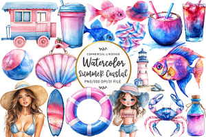Summer Pink & Blue Coastal Clipart, an Illustration by OK Design