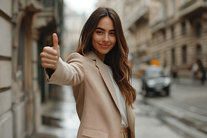 Charming businesswoman with silky long hair walking on city streets and showing, a Person Photo by AlyaAnd