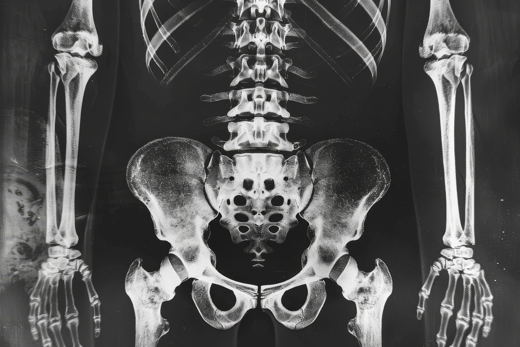 A detailed X-ray of a human skeleton, a Photo by Tanuart