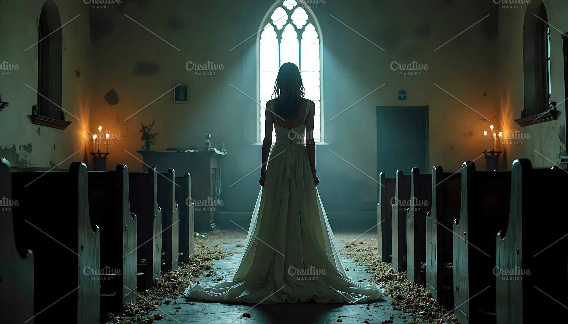 A decayed bride stands silently in t, a Photo by LOGOCREATIVE