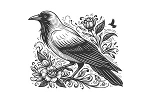 Floral Crow engraving sketch vector, an Animal Illustration by AlexArt