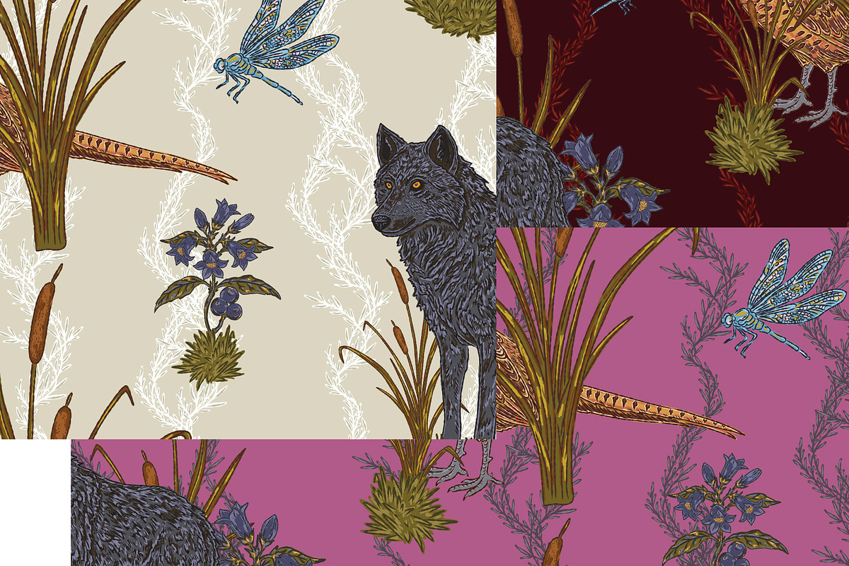 Wolf, Pheasant, Dragonfly, a Pattern Graphic by NayaChu (Photo 4 of 9)