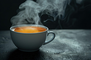 Cup of tea with steam on dark background, a Food & Drink Photo by AlyaAnd