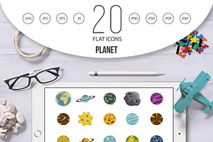 Planet Icon Set, Flat Style