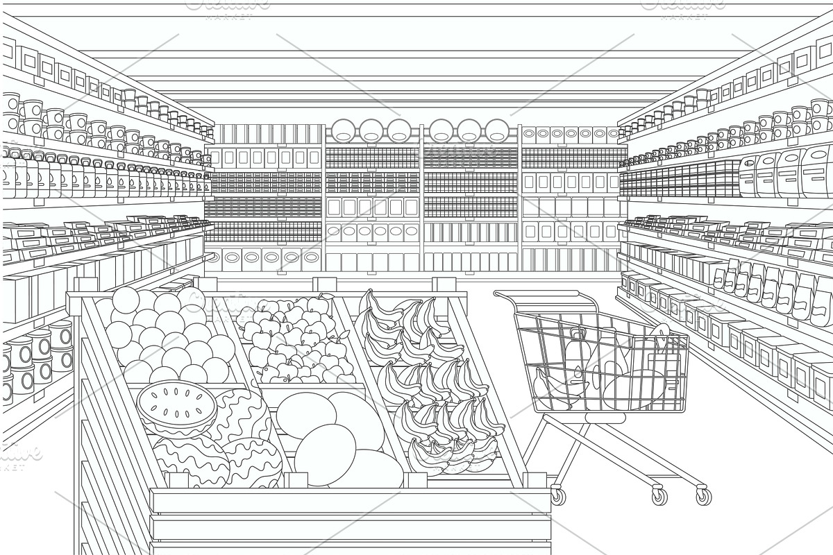 Perspective view supermarket store, an Illustration by Lemberg Vector