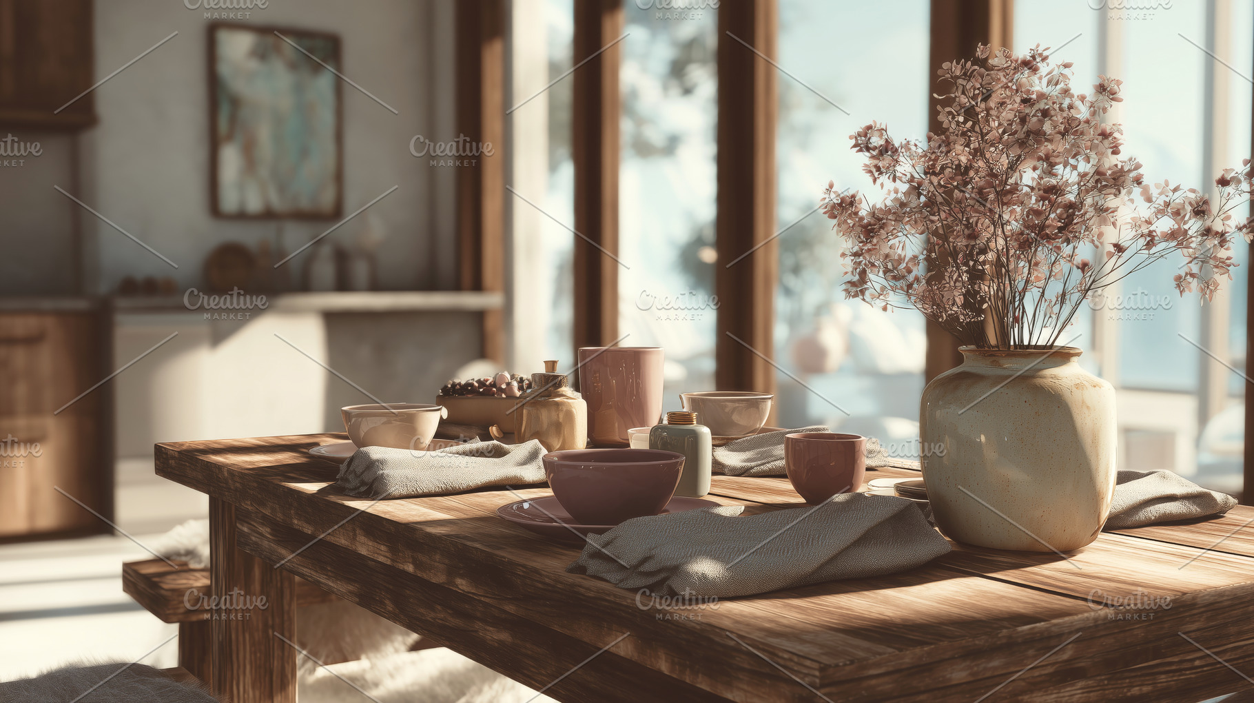 Rustic Dining Table with Ceramic Cup, an Architecture Photo by Ocean Digital Art