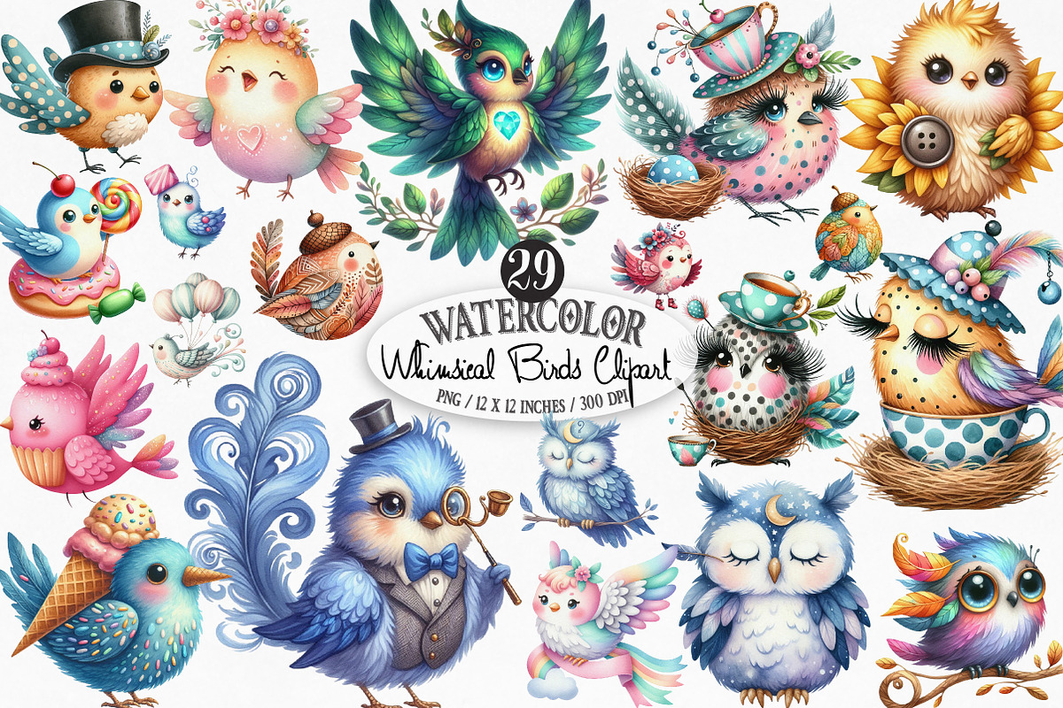 Watercolor Whimsical Birds Clipart, an Illustration by Designking (Photo 1 of 4)