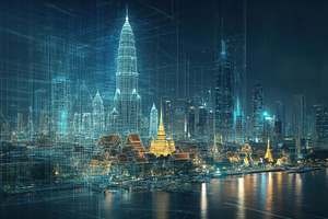 City skyline illuminated by technolo, a Photo by Tanuart