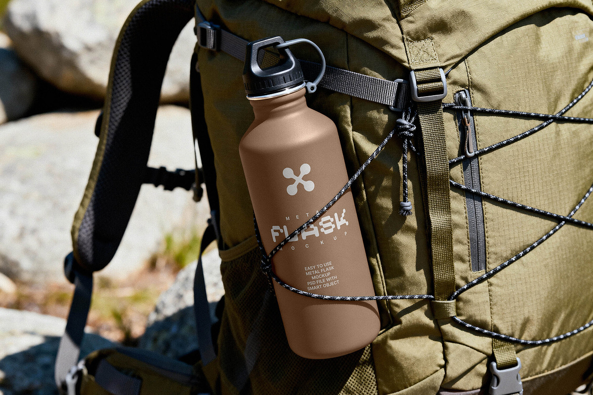 Flask Mockup on Hiking Backpack, a Product Mockup by Design Squad (Photo 4 of 4)