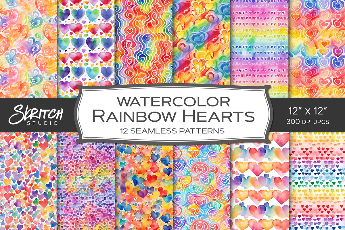 Watercolor Rainbow Hearts, a Pattern Graphic by Skritch Studio (Photo 2 of 8)
