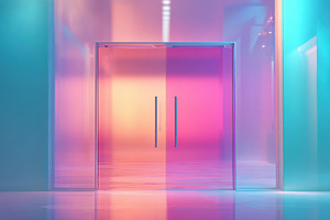 Modern glass entrance with gradient colors, an Abstract Photo by AlyaAnd
