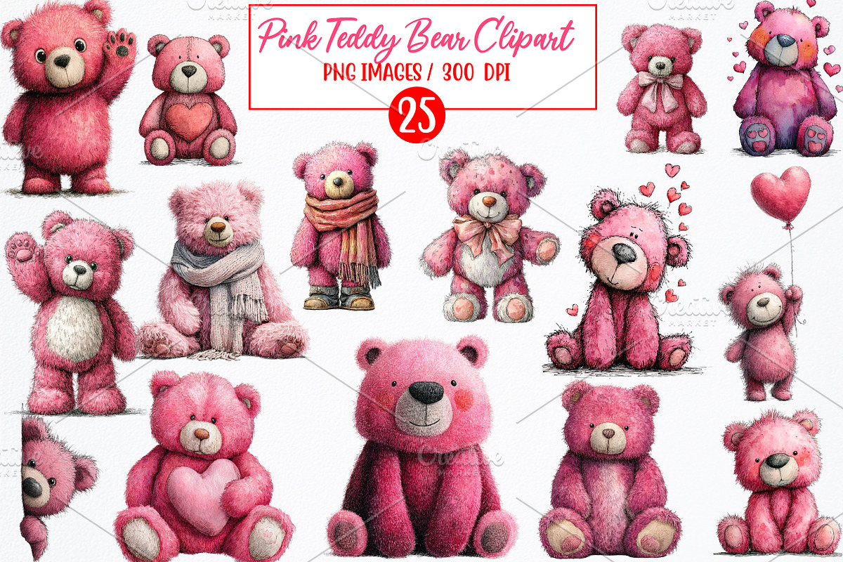 Pink Teddy Bear Clipart, an Illustration by Watercolor design (Photo 1 of 6)