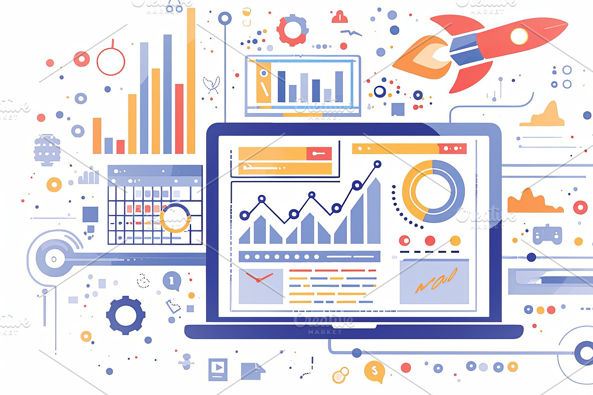 Laptop illustration with graphs, rocket, and data analytics elements for web de, an Illustration by AS photostudio