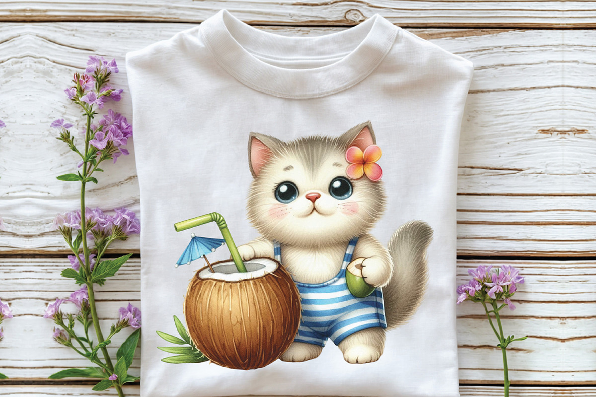 Watercolor Beach Cat Clipart, an Illustration by CraftArtStudio (Photo 3 of 6)