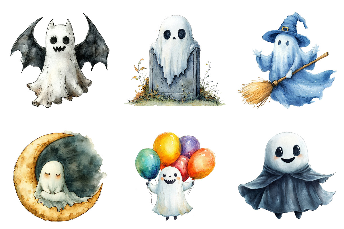 Watercolor Cute Ghost Clipart, an Illustration by SinaCreation (Photo 2 of 5)
