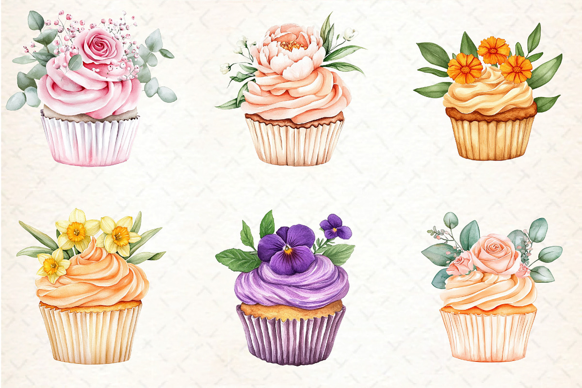 Watercolor Floral Cupcake Clipart, an Illustration by DreamCafeArt (Photo 3 of 5)