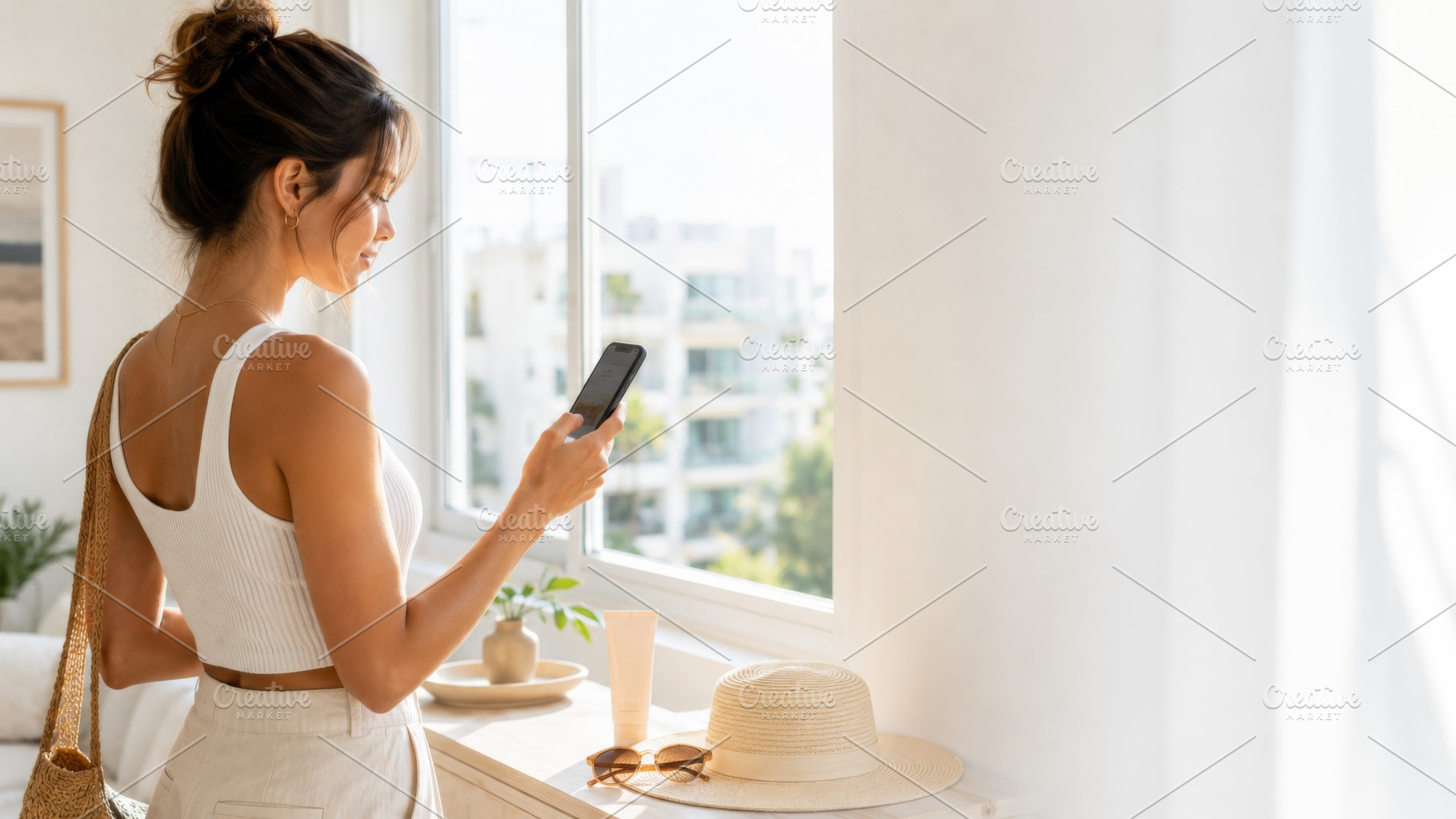 Woman in bright room using smartphon, a Photo by Dvoevnore photos