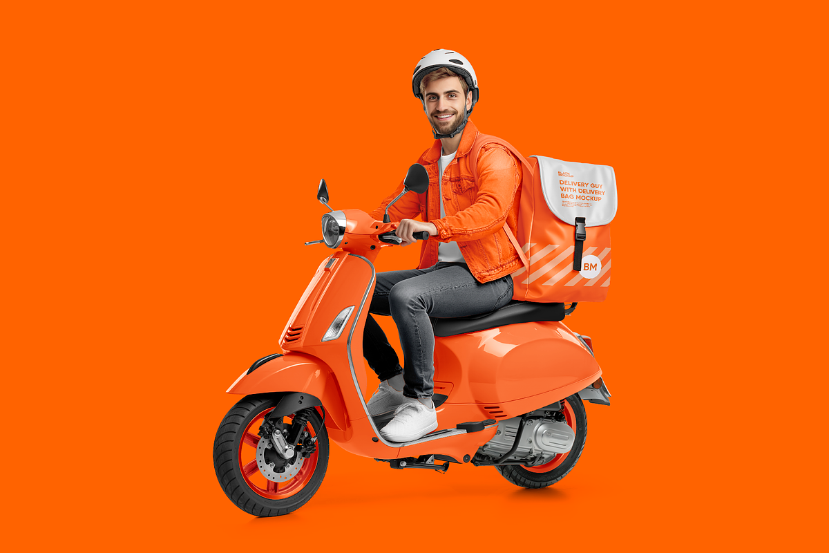 Delivery guy on scooter Mockup, an Advertising Mockup by BlackMockup (Photo 11 of 12)