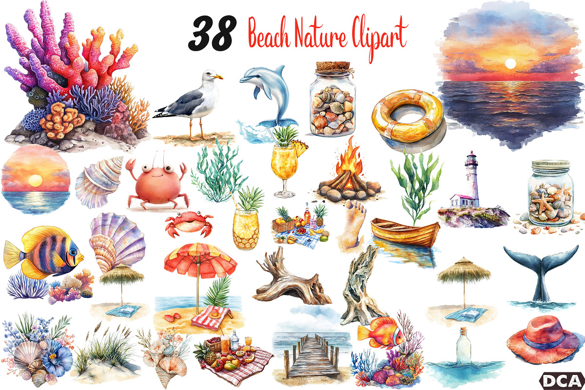 Watercolor Beach Nature Clipart, an Illustration by DreamCafeArt (Photo 1 of 3)