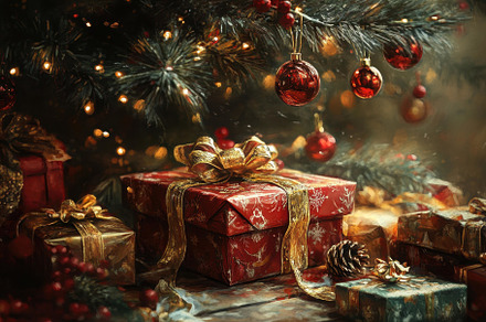 Brightly wrapped holiday gifts and o, a Photo by Tanuart