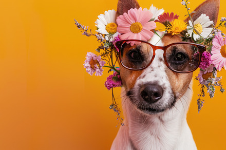 Fashion-Forward Pooch Poses with Floral Flair and Shades - Generative AI, an Animal Photo by José Manuel Gelpi