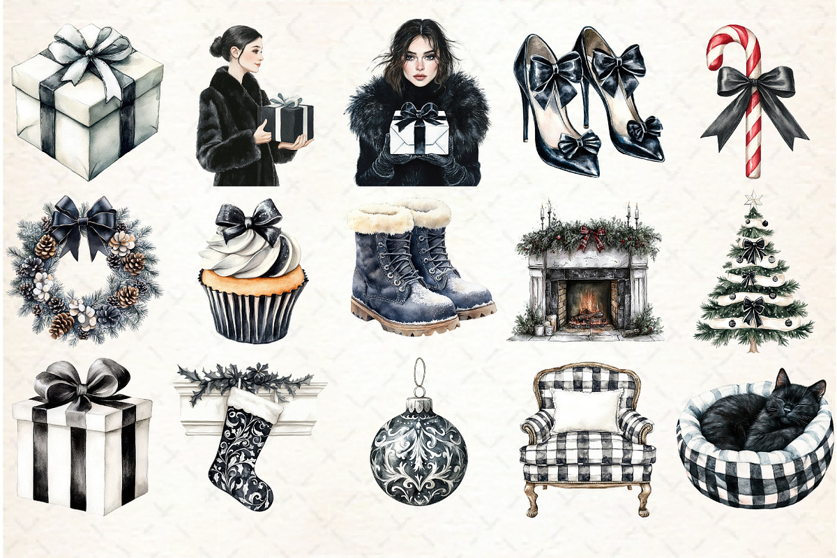 Black and White Christmas Clipart, an Illustration by Libby Wishes (Photo 3 of 7)