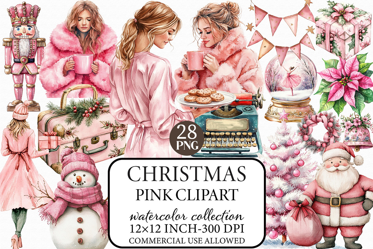 Watercolor Pink Christmas Clipart, an Illustration by Libby Wishes (Photo 1 of 7)