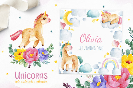 Unicorns.Cute watercolor collection