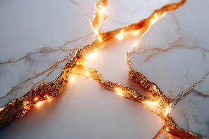 Elegant white marble surface adorned with delicate golden lights in a close-up, a Background Photo by AlyaAnd
