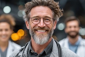Portrait of a smiling doctor with colleagues in a modern healthcare setting, a Health & Medical Photo by AS photostudio