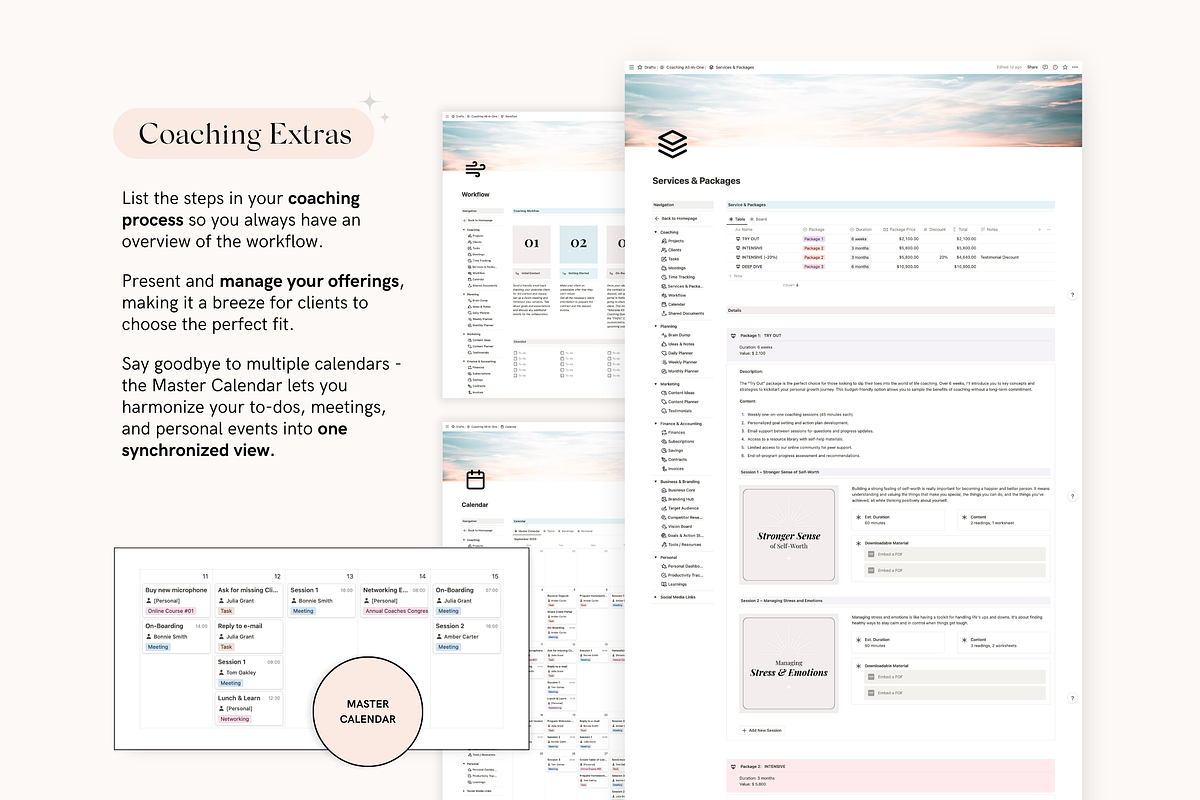 Notion Coaching Business Planner, a Stationery Template by TheCoastlineStudio (Photo 4 of 10)