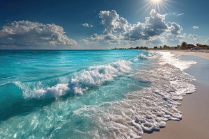 Turquoise ocean waves crashing on a, a Photo by Pixeness Studio