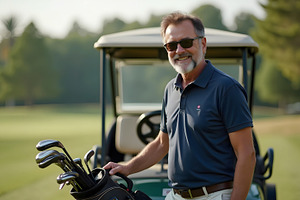 Smiling Golfer with Golf Cart on Gre, a Sports & Recreation Photo by Stock Shape