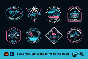 Editable Neon Surf Badges