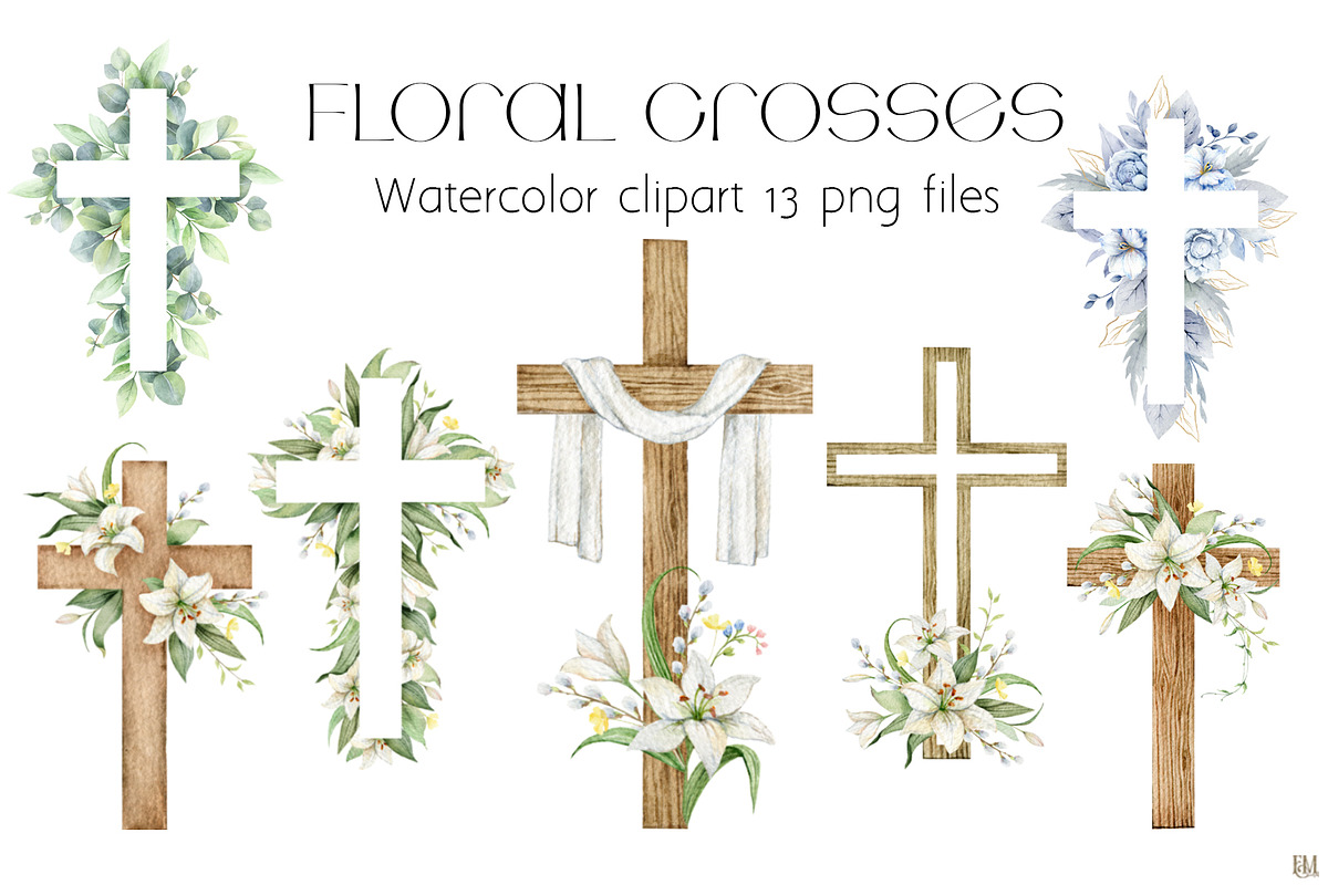 Flower Crosses Watercolor Clipart, a Decorative Illustration by Elena Medvedeva (Photo 1 of 5)