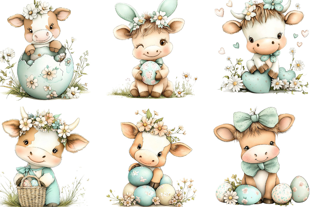 Whimsical Easter Cute Cow Clipart, an Illustration by Designking (Photo 2 of 5)