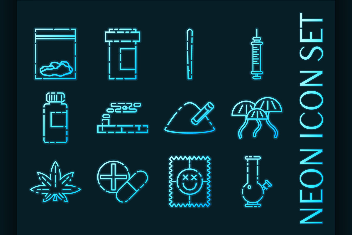 Set of Drugs Blue glowing neon icon, an Outline Icon by Netkoff